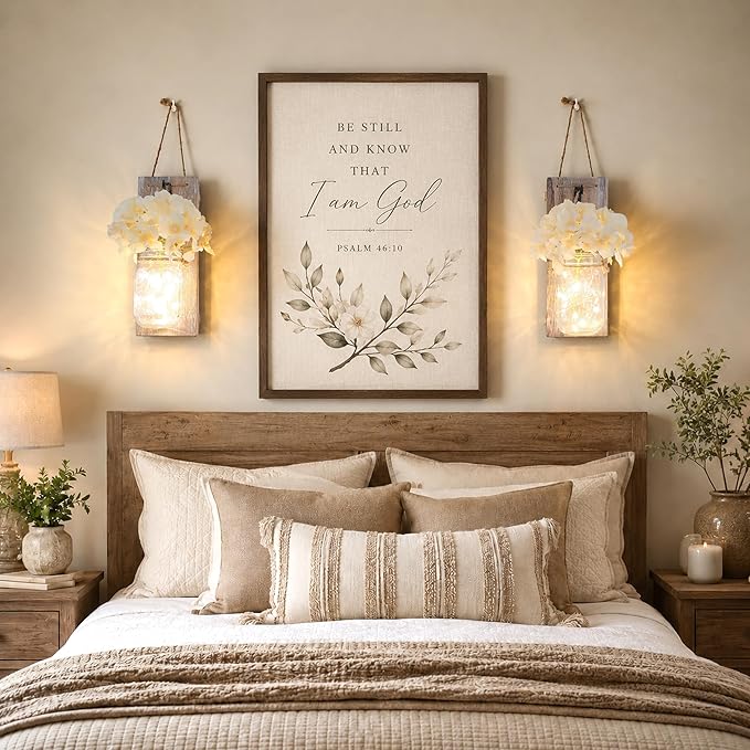 Rustic Mason Jar Sconces Wall Decor - Set of 2 Hanging Wooden Wall Art with LED String Lights & Remote Timer - Vintage Farmhouse Decoration for Living Room or Bedroom, Rustic Brown