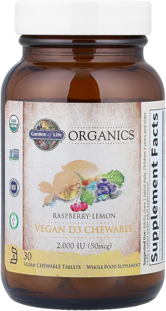 Garden of Life Organics Vitamine D3 Végétalienne Mâchable - Framboise Citron, 2 000 UI (50 µg) Vitamine D3 Alimentaire Complète issue du Lichen Plus Mélange de Superaliments & Champignons, Sans Gluten, 30 Comprimés à Croquer