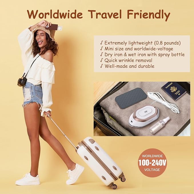 Newbealer Travel Iron Set, 100-240V Mini Dry Iron for Clothes (No Steam) | Max 300W, Heats in 60s, 302℉ Ceramic Soleplate, Handy Heat Press, 0.8lbs Lightweight for Quick Touch-ups Worldwide (Gold)