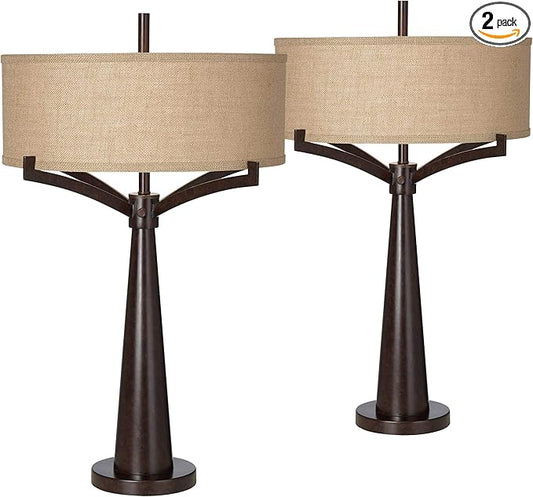 Franklin Iron Works Tremont Mid Century Modern Industrial Table Lamps 31.5" Tall Set of 2 Rich Bronze Iron Burlap Fabric Drum Shade for Living Room Bedroom House Bedside Nightstand Home Office
