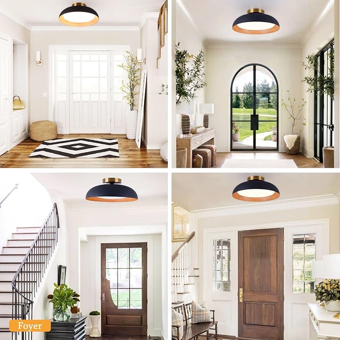 Bargeni Flush Mount Ceiling Light, Mid Century Black Wood Ceiling Light | 12.5" selectable 2700K-6000K, smooth dimming, matte black finish with wood accent, ideal for hallway, bedroom and kitchen