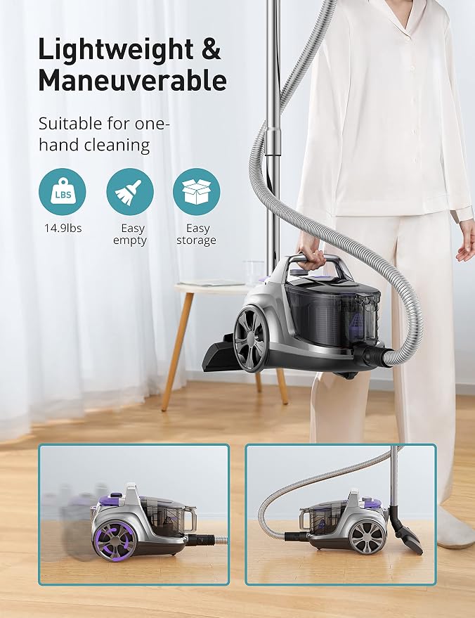 Aspiron Canister Vacuum Cleaner, 40Kpa Bagless Vacuum Cleaners, 4QT Large Dust Cup, Double HEPA Filter, Retractable Cord, 1600W Lightweight Vacuum Cleaner with 5 Tools for Hard Floors, Pearl