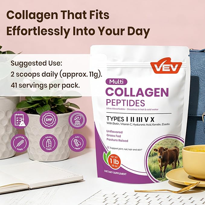 VEV Multi Collagen Peptides Powder, 16 oz (41 Servings) – Type I, II, III, V, X, Hydrolyzed Collagen, Hyaluronic Acid, Biotin, Vitamin C, Supports Skin, Unflavored, Dissolves Easily, Keto-Friendly