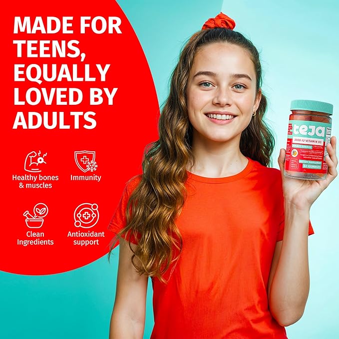 Gummies de soutien immunitaire TEJA pour adolescents avec vitamine D 2000 UI, VIT C, Zinc et Acérola. Supplément à faible teneur en sucre, Multivitamine quotidienne pour l'immunité des adolescents de 12 à 17 ans et des adultes. 60 Gummies