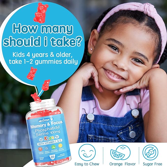ホスファチジルセリンサプリメント100mg、子供とティーン向けフォーカスグミ+ビタミンC & D3 400IU、シュガーフリー子供用脳機能グミ、集中力・注意力向上、チュアブル、ビーガン、グルテンフリー、非遺伝子組み換え、2個パック