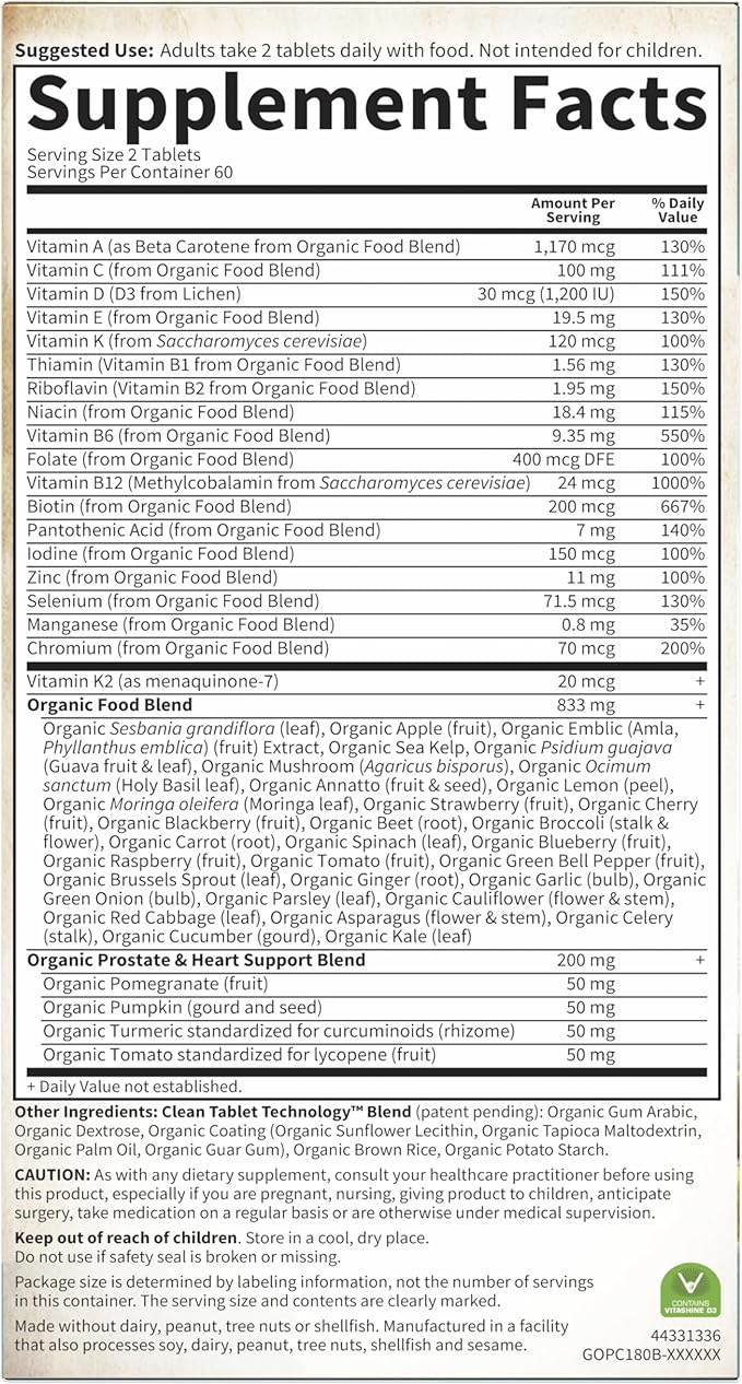Garden of Life Organics Whole Food Multivitamin - Men 40+ 120 Tablets, Vegan Mens Multi for Health & Well-Being Certified Organic Whole Food Vitamins & Minerals for Men Over 40 Mens Vitamin(Pack of 2)