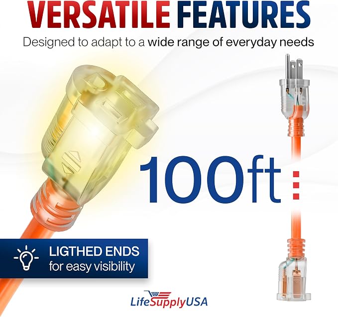 100ft Outdoor/Indoor Extension Cord 10/3 Gauge Ultra Heavy Duty 3 Prong SJTW, Waterproof, Flexible Cold-Resistant Long Power Cord,15A 125V 1875W, Orange by LifeSupplyUSA