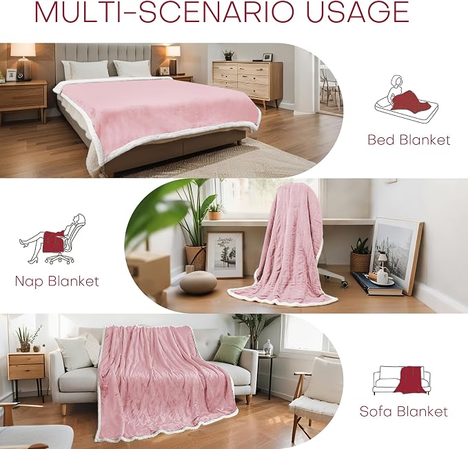Electric Heated Blanket 72"x84" Full Size, Dual-Sided Flannel & Sherpa, 9 Heat Settings & 1-10H Auto Off, Soft Warm for Home, Office, Bed, Couch, Machine Washable, Ideal Winter Gift, Light Pink