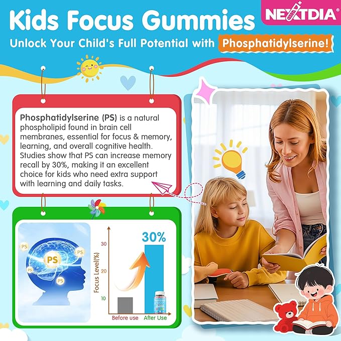 ホスファチジルセリンサプリメント100mg、子供とティーン向けフォーカスグミ+ビタミンC & D3 400IU、シュガーフリー子供用脳機能グミ、集中力・注意力向上、チュアブル、ビーガン、グルテンフリー、非遺伝子組み換え、2個パック