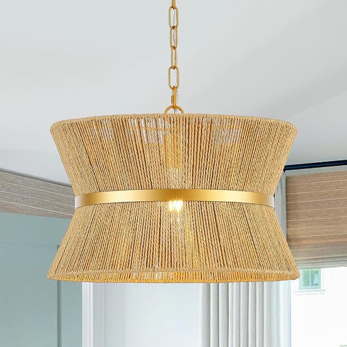 18” Hand Woven Rattan Boho Chandelier Brass Ajustable Pendant Light for Kitchen Island Living Room Bedroom Hallway, UL Listed