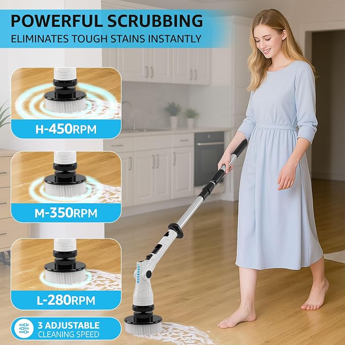 Electric Spin Scrubber, 3-Speed 6 Adjustable Head Power Scrubber for Cleaning Bathroom, 8 Brush Heads & 54" Long Handle, Cordless Scrubber with LCD Display Shower Scrubber for Grout Tile Floor Tub Car