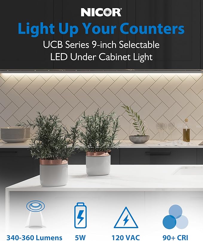 9” LED Direct Wire Under Cabinet Light with On/Off Switch - Dimmable LED Lights for Kitchen - Selectable CCT 2700K-5000K, 340-360 Lumens, 5W - UCB Hardwired Under Cabinet Lighting by NICOR Lighting