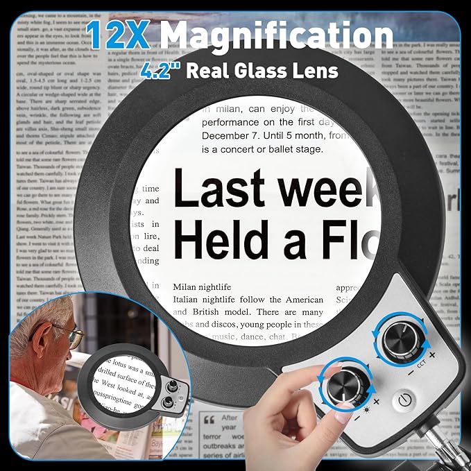 KIRKAS 12X Magnifying Glass with Light and Stand, Overhead Knob Magnifying Lamp for Workbench Craft, Sewing, 2-in-1 LED Lighted Magnifier Real Glass Lens Stepless Dimming and Color(11.8IN Base&Clamp)