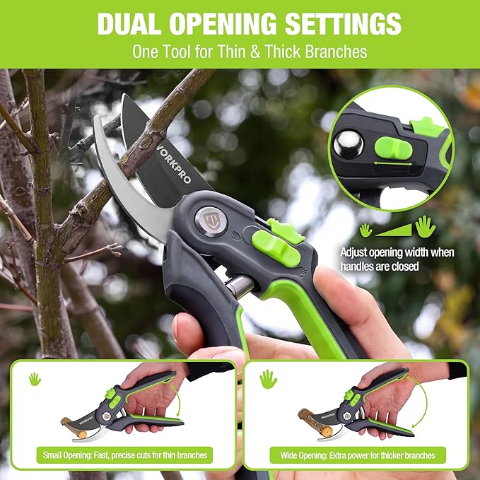 WORKPRO Bypass Pruning Shears for Gardening, 8" Garden Scissors with Dual-Size Opening for Thin & Thick Branches, Garden Clippers with Sharp SK5 Steel Blades for Pruning, Cutting and Fruit Picking