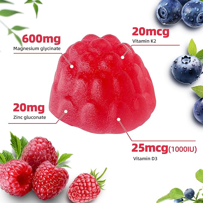90 bonbons gélifiés au glycinate de magnésium 600 mg, sans sucre avec zinc et vitamines D3 et K2 – Suppléments de magnésium pour le sommeil, la santé osseuse, le fonctionnement nerveux et immunitaire