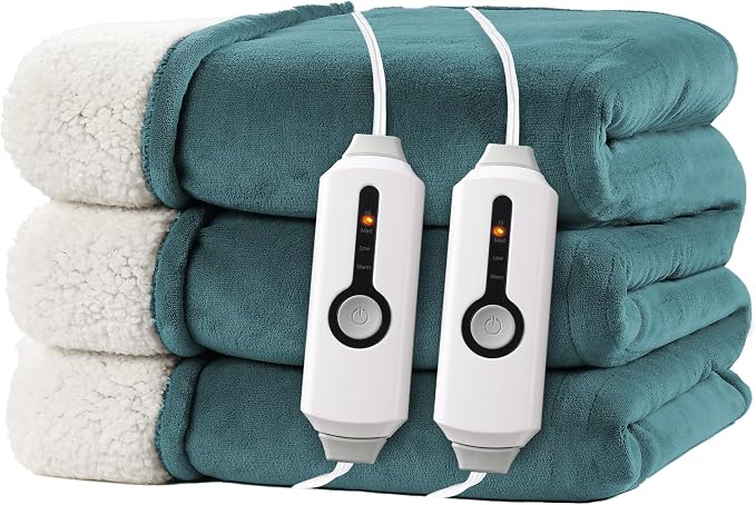 Electric Heated Blanket Queen Size 84"x90" – ETL Certified for Safe Overnight, 4 Heat Settings & 10H Auto Off, Dual-Sided Microplush Sherpa for Home Theater Night, Machine Washable – Teal