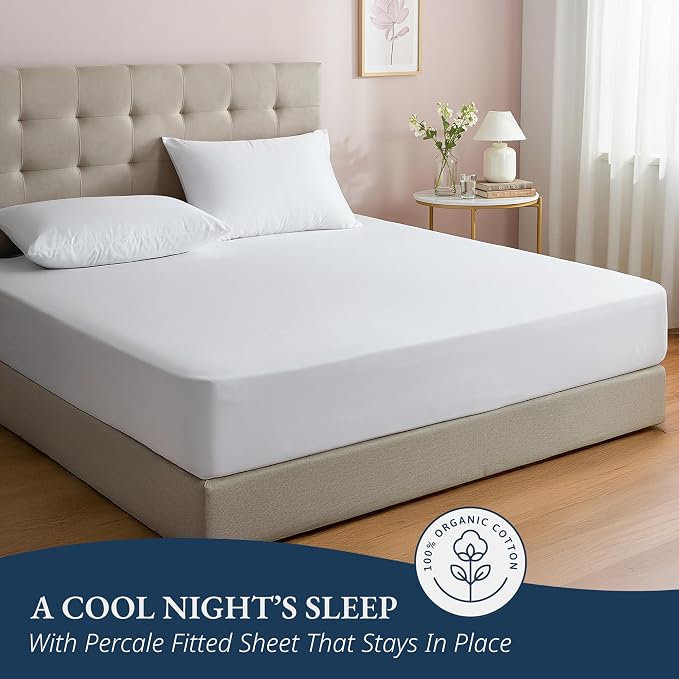 LANE LINEN Fitted Sheet King Size, 100% Organic Cotton, 3-Piece Set (1 Fitted Sheet,2 Pillowcases), Percale Weave, Ultra Soft, Breathable,Fits Mattress Upto 15" Deep - White (No Flat Sheet)