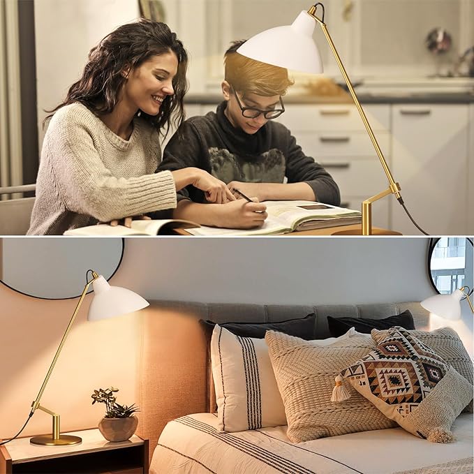 Desk Lamp Modern Industrial 100% Metal Adjustable Table Lamp 24", Natural Light (4000K) with Dimmer, Ideal for Office Bedroom Study Room Living Room Nightstand Bedside Lamps White+Brass