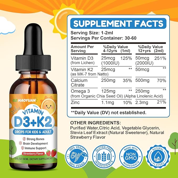 Gouttes de Vitamine D3 K2 pour Enfants, Supplément Liquide de Vitamine D3 avec Calcium, Oméga 3, Zinc pour l'Absorption du Calcium, Santé des Os, Développement Cérébral et Système Immunitaire, Sans OGM, Végan, Saveur Fraise 120 ml