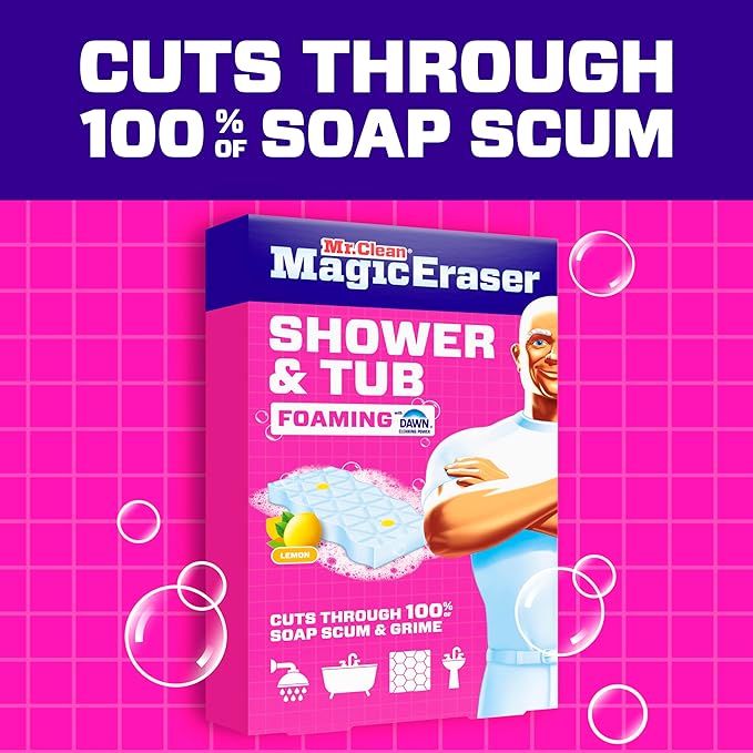 Éponge magique effaceur de taches Mr. Clean, nettoyant pour salle de bain, douche, baignoire, éliminateur de résidus de savon, fournitures de nettoyage de salle de bain, puissance de nettoyage Dawn avec parfum de citron, douche et baignoire, 6 unités