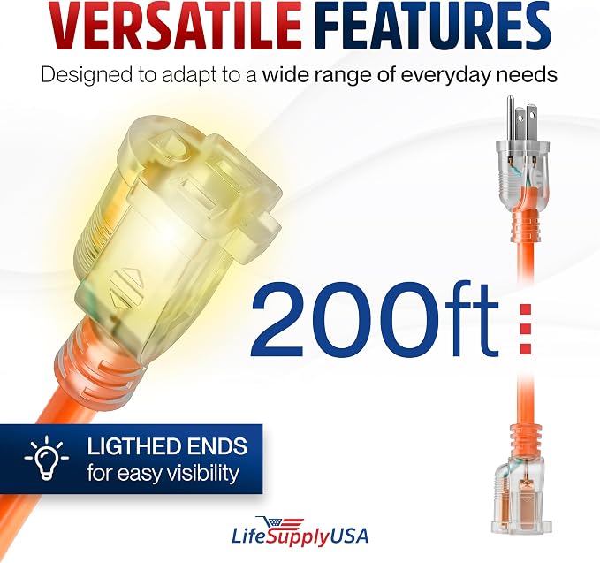 200ft Outdoor/Indoor Extension Cord 14/3 Gauge Heavy Duty 3 Prong SJTW, Waterproof, Flexible Cold-Resistant Long Power Cord,7A 125V 875W, Orange by LifeSupplyUSA