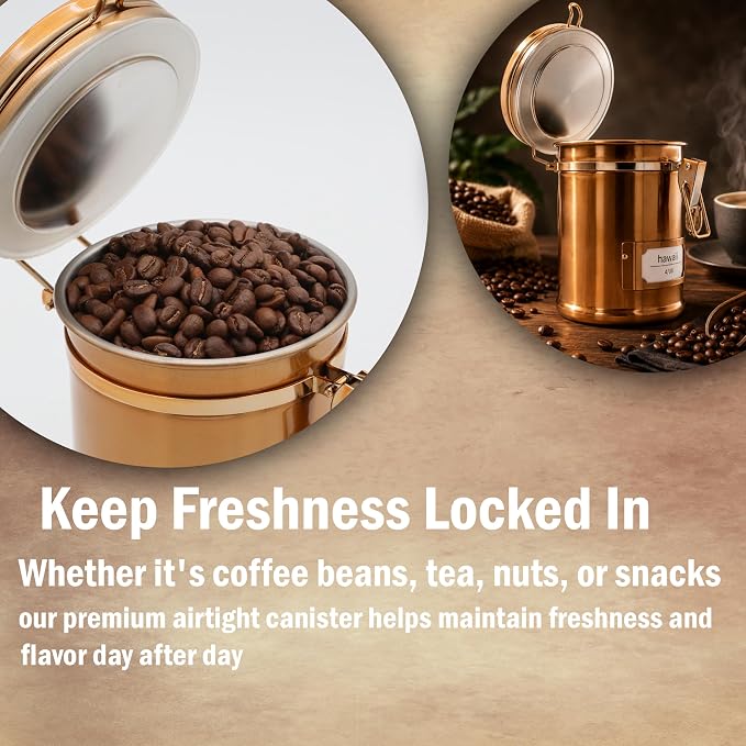 PRINCE G Airtight Coffee Canister, Light-Blocking Stainless Steel Coffee Storage Container with Scoop, 260g Coffee Bean Storage Jar, Bronze
