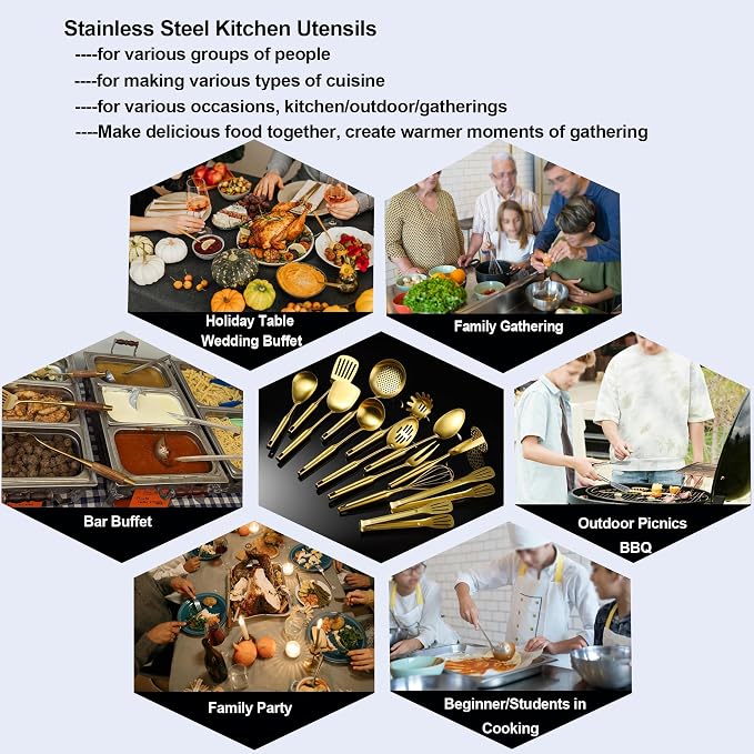 Gold Kitchen Utensils for Cooking 13 PCS Stainless Steel, Solid Slotted Spoon, Fork, Spatula, Ladle, Skimmer, Slotted Tunner, Spaghetti Large Spoon, Meat Fork, Masher, Whisk, Tongs