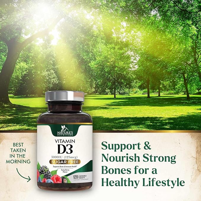 Vitamine D3 5000 UI (125 mcg) Vitamine D extra forte Nature's - Comprimés à croquer pour le soutien immunitaire, les os, les dents et les muscles - Sans sucre, sans OGM, sans gluten - 120 comprimés