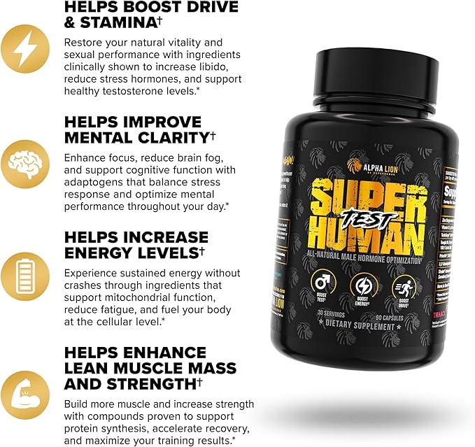 ALPHA LION Superhuman Test – Natural Testosterone Booster for Men | Boost Energy, Drive, Muscle Strength & Mental Focus with PrimaVie, Shoden Ashwagandha & TestoSurge