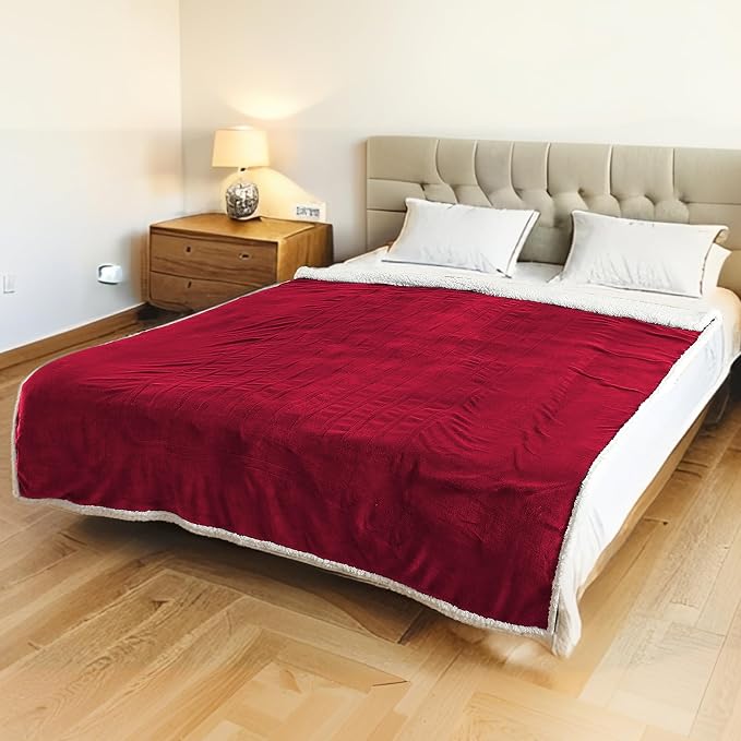 Electric Heated Blanket 62"x84" Twin Size, Dual-Sided Flannel & Sherpa, 9 Heat Settings & 1-10H Auto Off, Soft Warm for Home Office Bed Couch, Machine Washable, ETL Certified, Wine Red