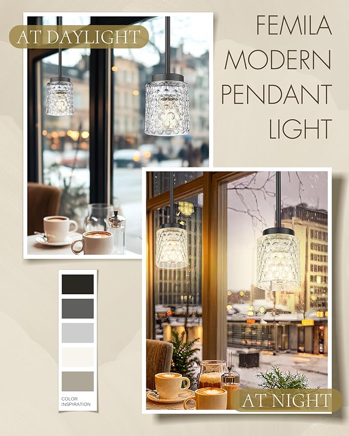 FEMILA 4" Black Pendant Light, Hammered Glass Chandelier, Dining Room Light Fixtures Over Table, 4FY86MIL-3PK BK