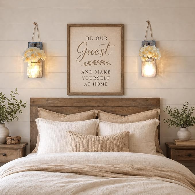 Rustic Mason Jar Sconces Wall Decor - Set of 2 Hanging Wooden Wall Art with LED String Lights & Remote Timer - Vintage Farmhouse Decoration for Living Room or Bedroom, Grey