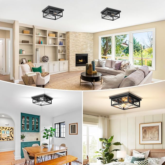 Kondras 2-Light Industrial Square Flush Mount Ceiling Light, Farmhouse Ceiling Light Fixture for Kitchen, Modern Black Close to Ceiling Light for Hallway Bedroom Balcony Porch Stairway, E26, 2-Pack