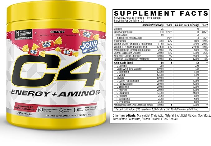 C4 Energy + Aminos Powder Jolly Rancher Cherry, 5g BCAAs & EAAs for Muscle Recovery, 3 Electrolytes for Hydration, 100mg Natural Caffeine, Pre Workout, Zero Sugar, 30 Servings