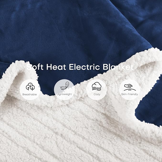 Electric Heated Blanket 72"x84" Full Size for Safe All Night Rest, Dual-Sided Microplush Sherpa for Bedroom Couch Use, 4 Heat Settings & 10 Hours Auto Off Energy Saving, Machine Washable-Dark Blue