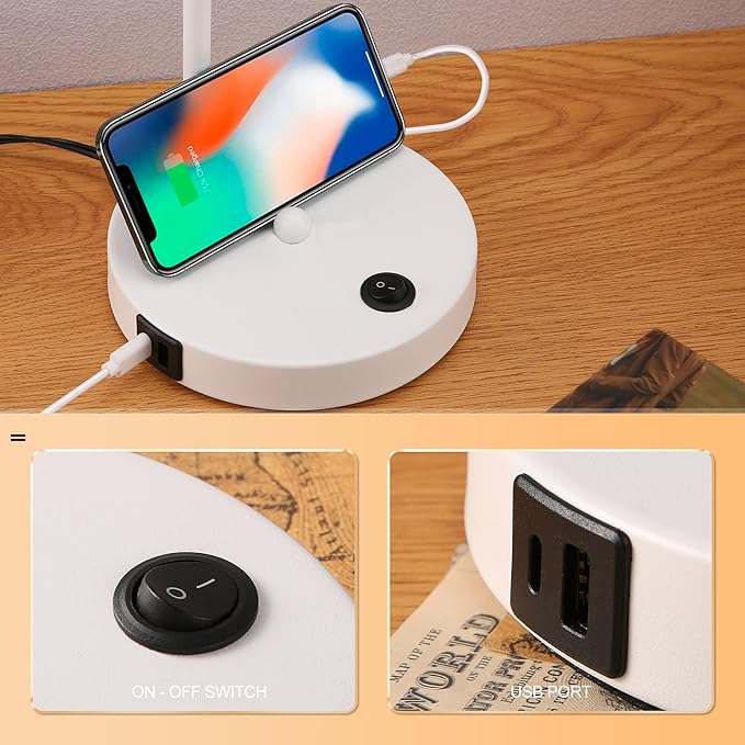 Anxingtools LED Desk Lamp with Dual USB Charging Ports, 100% Metal, 270° Swivel Arms, Soft White Light (3000K), Bedside Reading Lamp, Home Office Lamp(White)