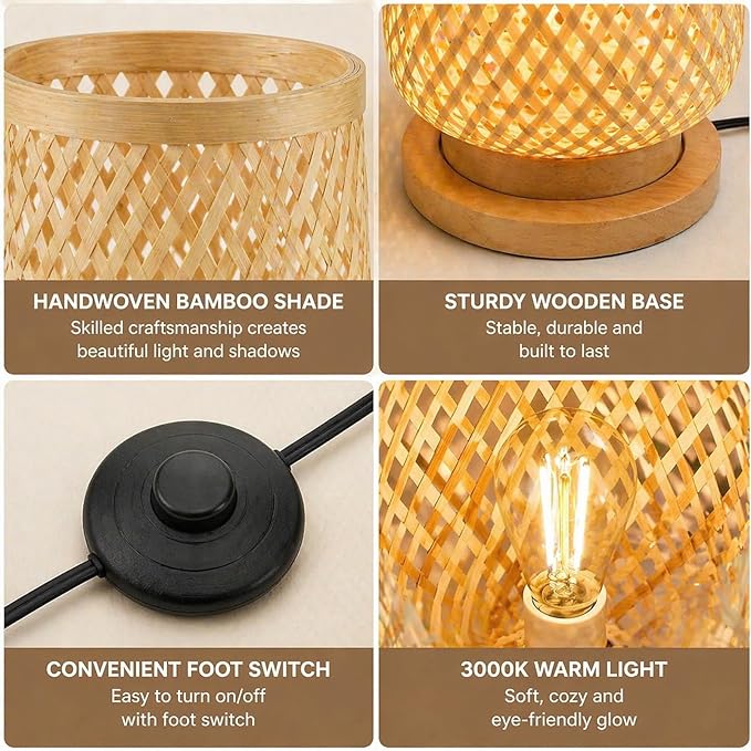 MIXL-Farmhouse Style Bamboo Floor Lamp,Large Wicker Indoor Floor Light,Boho Standing Light Plug in,Modern Minimalist Standing Lamp for Living Room Bedroom