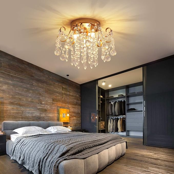 Q&S Small Chandelier,Modern Gold Mini Crystal Chandelier Ceiling Light Fixture for Bedroom,Hallway,Entryway E12 3-Light.