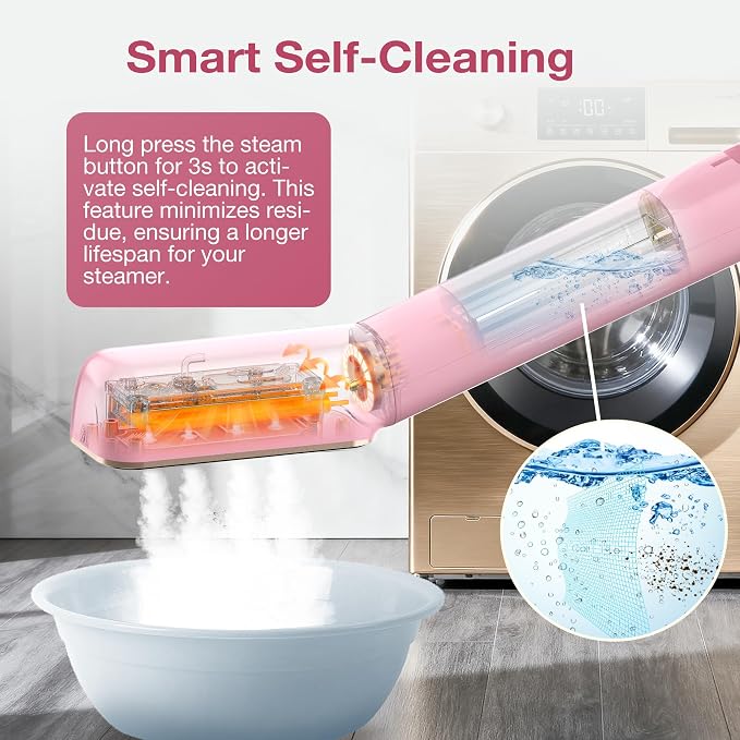Newbealer 2in1 Travel Iron, 100-240V Clothes Steamer, 2 Steam Levels, Pink | Portable for On-the-Go, Heats in 20s, Dry Iron No Clamp, 180° Rotatable Head, 360° Leak-Proof, Auto-Off, Self-Cleaning, 90ml