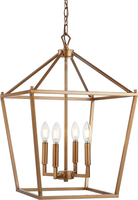 JONATHAN Y 16" Antique Gold Lantern Pendant Light, 4-Light Pagoda Style Metal Cage Farmhouse Hanging Ceiling Fixture for Kitchen Island, LED Bulb Included (JYL7437B)