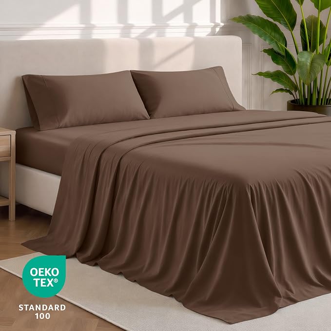 Bare Home Split Head Flex King Sheet Set - 1800 Ultra-Soft Microfiber Bed Sheets - Double Brushed - Deep Pockets - Easy Fit - 4 Piece Set - Bedding Sheets & Pillowcases (Cocoa)