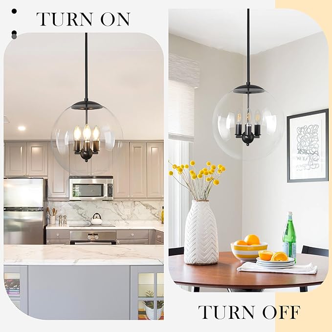 Bagood 14" Globe Pendant Light 3-Light Black Mid Century Pendant Light Clear Glass Lights Kitchen Island Mid Century Adjustable Hanging Farmhouse Globe Fixtures for Living Room Lobby