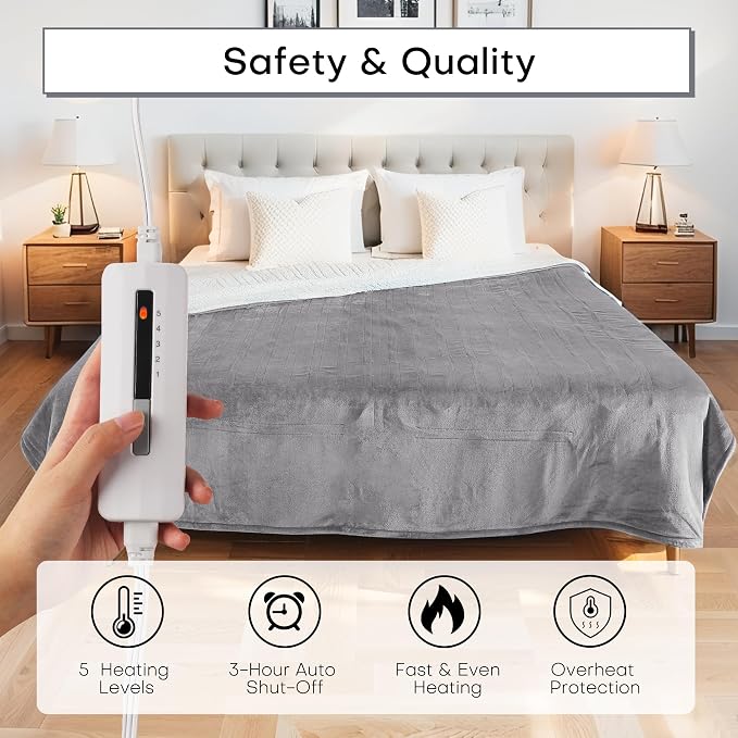 Electric Heated Blanket Throw Size 50"x60" – ETL Certified for Safe Overnight, 5 Heat Settings & 3H Auto Off, Thickened Flannel and Sherpa for Home Theater Night, Machine Washable – Ash Gray