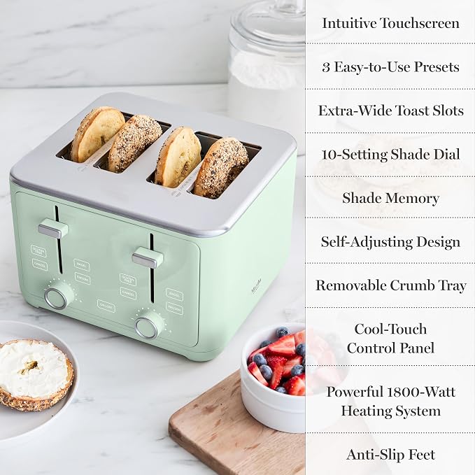 Martha Stewart 4 Slice Toaster, 10 Shade Settings with Defrost, Cancel, Bagel & Gluten-Free, Extra-Wide Self-Centering Slots for Waffles, Artisan Bread, Removable Crumb Tray, Cord Wrap,1800W, Honeydew