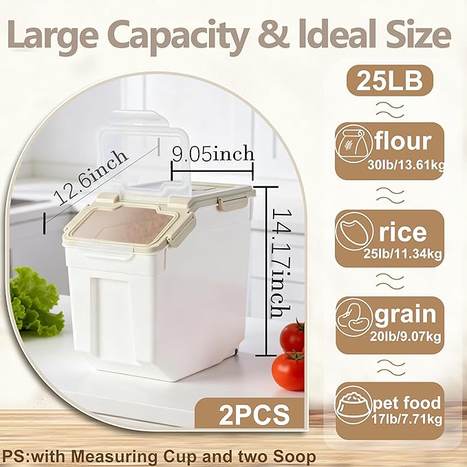 RUIAN 2Pcs Large Flour Storage Container Bin 25Lb Airtight Rice Storage Containers with Wheels Seal Locking Lid, BPA Free with Measuring Cup&Scoop for Flour, Rice, Grain (Gray)