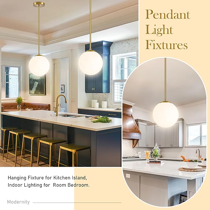 Bagood 10" Globe Pendant Light Gold 2 Pack Mid Century Pendant Light Globe Pendant Lights Kitchen Island Brushed Brass Finished with Milk Glass Adjustable Ceiling Light Fixtures for Dining Room Bar