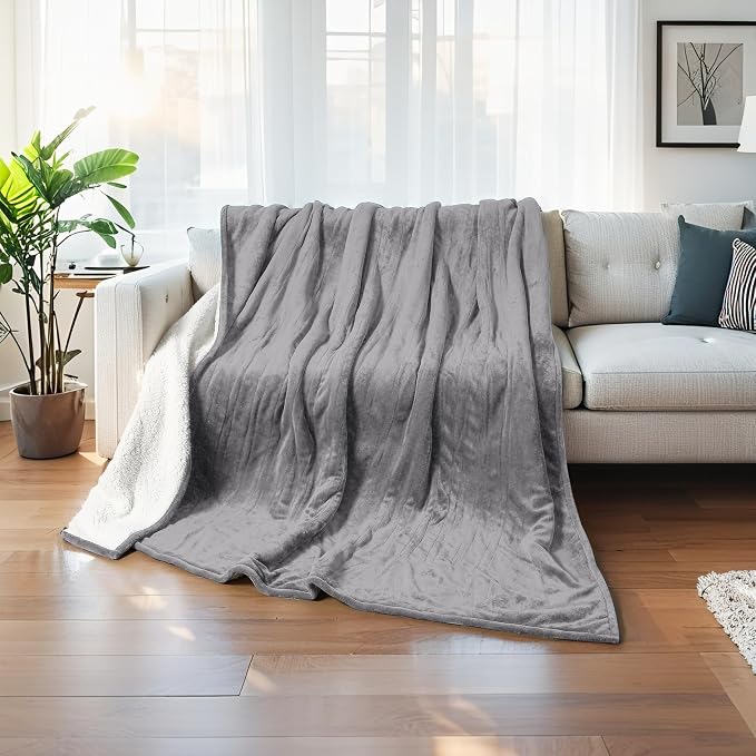 Electric Heated Blanket Throw Size 50"x60" – ETL Certified for Safe Overnight, 5 Heat Settings & 3H Auto Off, Thickened Flannel and Sherpa for Home Theater Night, Machine Washable – Ash Gray
