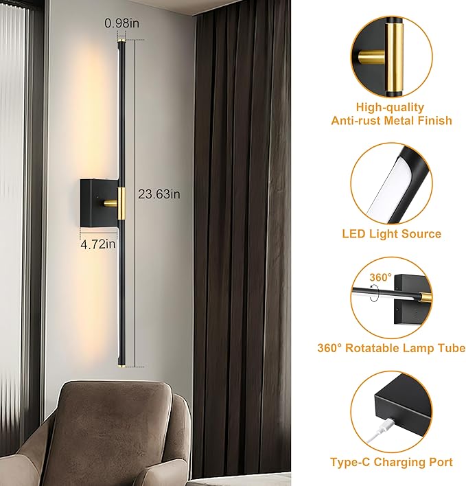 10000mAh Battery Operated Wall Sconces Set of 2, 3 Color Dimmable Rechargeable Wall Light with Remote, 24 Inch Black Gold Wireless Sconces Wall Decor with Timer Function for Living Room, Bedroom, TV