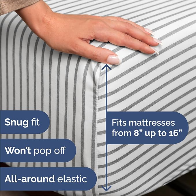 Split King 7 Piece Sheet Set - Comfy Breathable & Cooling - Soft Hotel Luxury Bedding Set w/ 8-16 Inch Deep Pockets - 1 Flat & 2 Fitted Sheet & 4 Pillowcases - Cozy and Wrinkle Free - Grey Stripes 2
