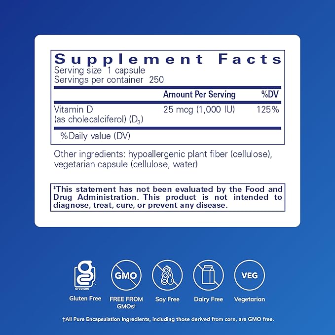 Pure Encapsulations ビタミンD3 25mcg (1,000 IU) - 骨、関節、乳房、心臓、結腸、免疫の健康をサポートするサプリメント - プレミアムビタミンD配合 - 250カプセル